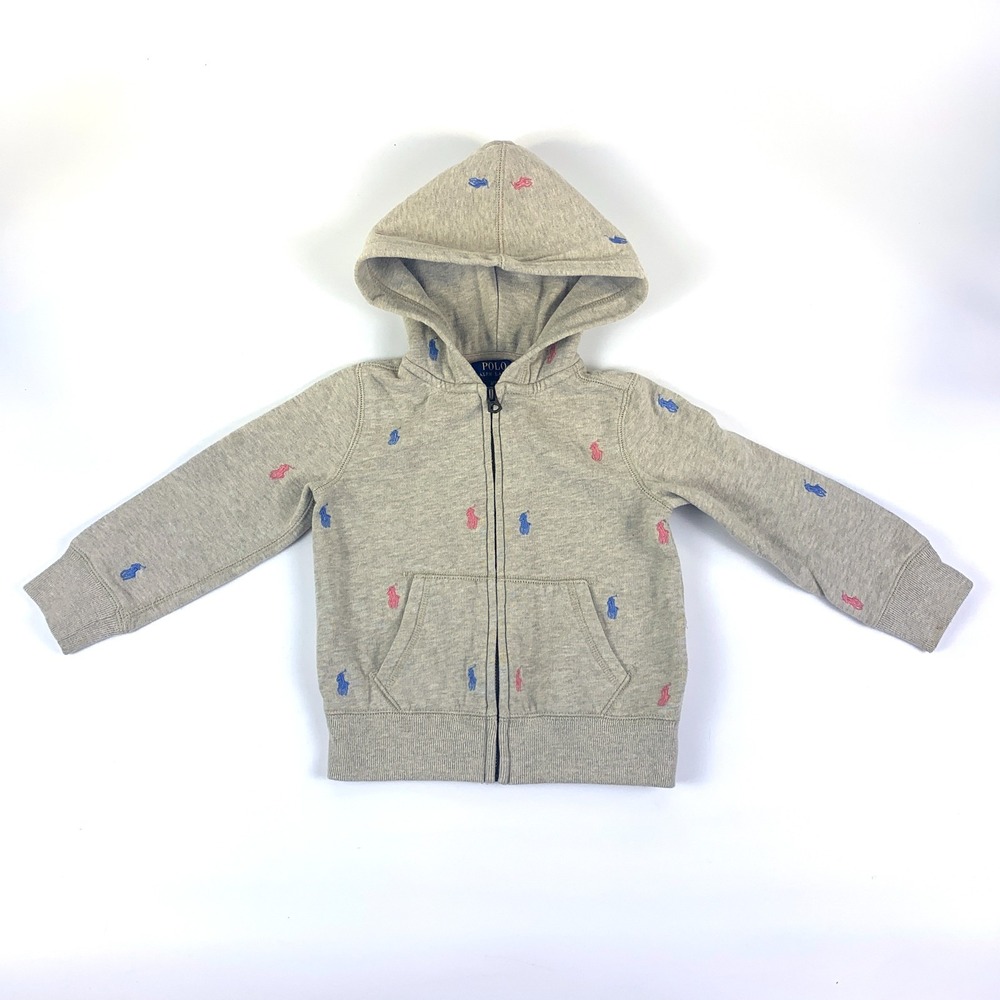 Polo Ralph Lauren Full Zip Hoodie Sz 3T Oatmeal Blue Pink All Over Embroidered‎